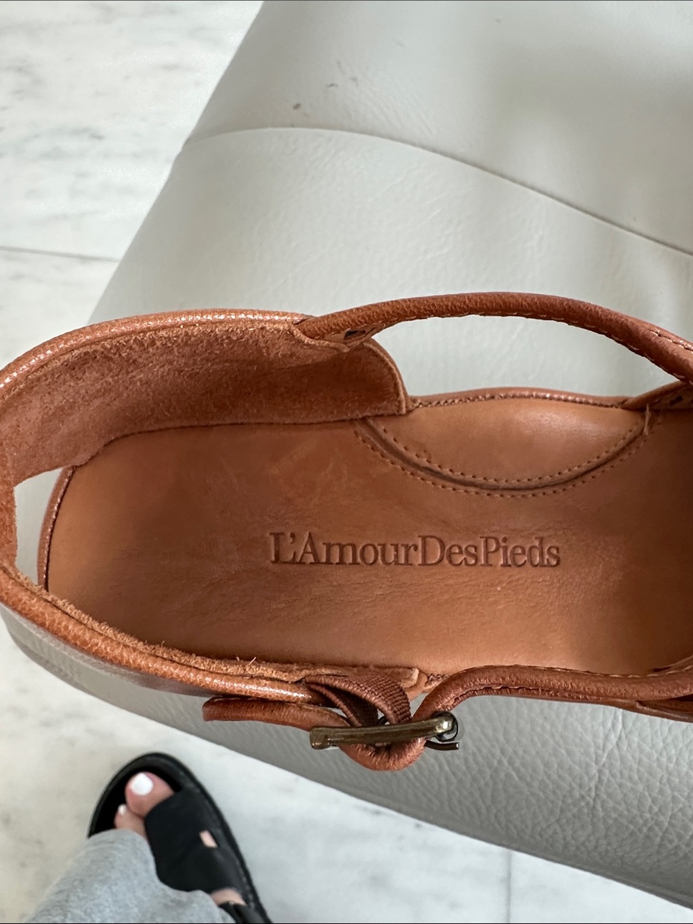 Women's Tan Perforated Buckle Wedge Sandals - Picture 4 of 9